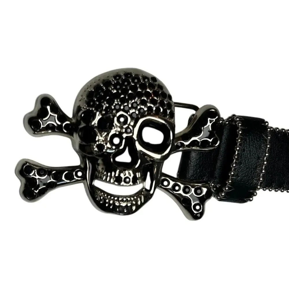Pirate Belt Silver Rhinestone Skull Black Leather Glam Rock Goth Y2K Punk Grunge